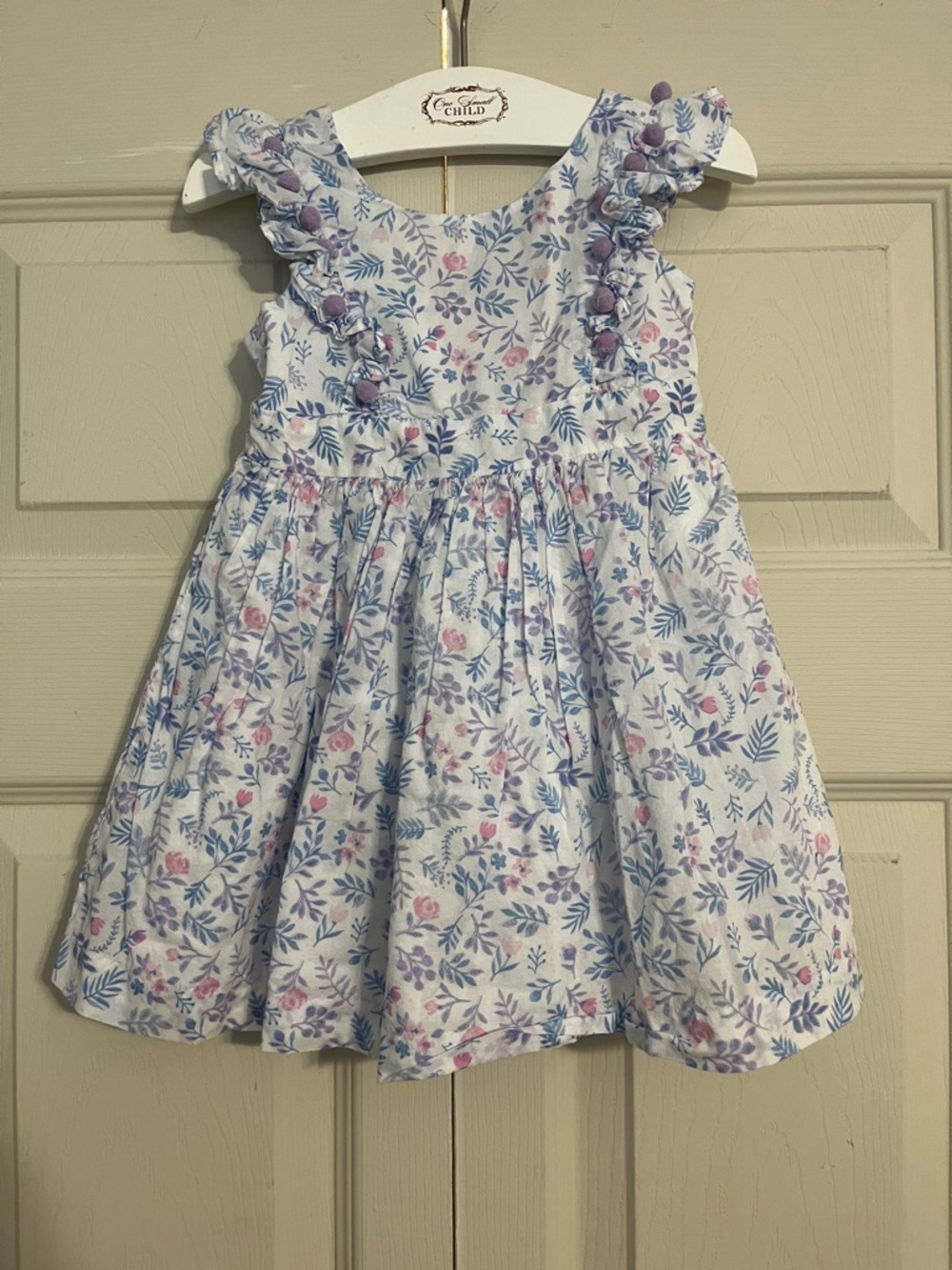 Maggie & Zoe White Floral Ruffle Sleeve Dress with Blue and Pink Accents
